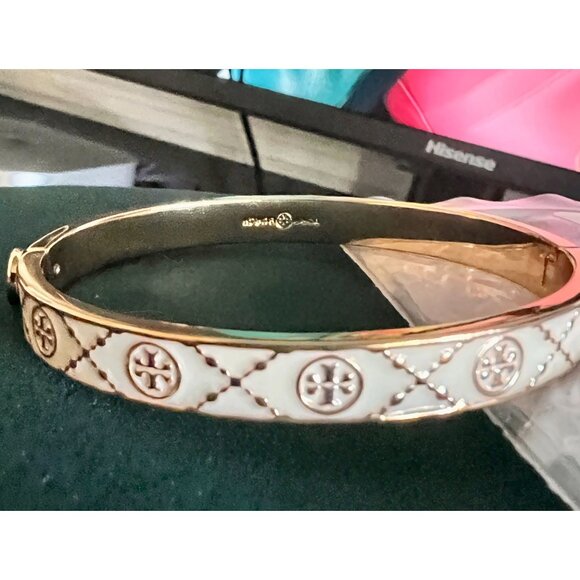 Tory Burch Double T Monogram Gold & Ivory Enamel Logo Bracelet - Picture 7 of 7